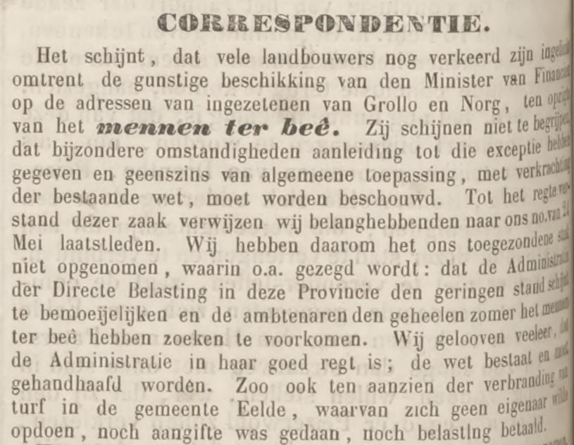 18541018 krant NieuweDrentscheCourant vreemd mennen ter bee