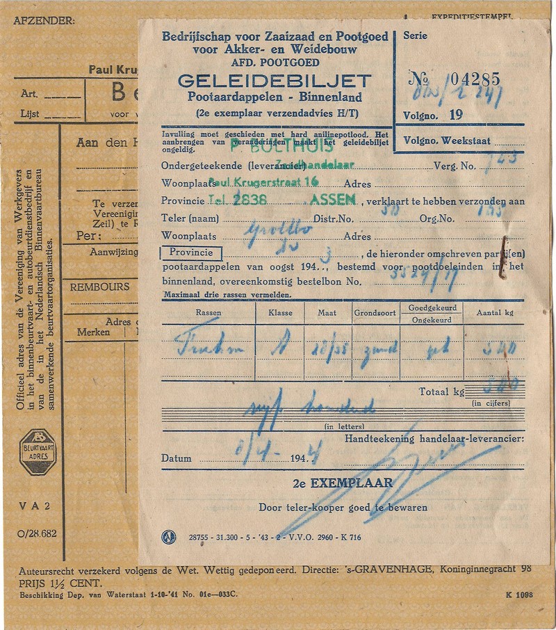 19440408 Geleidebiljet vrachtbrief Bulthuis NN