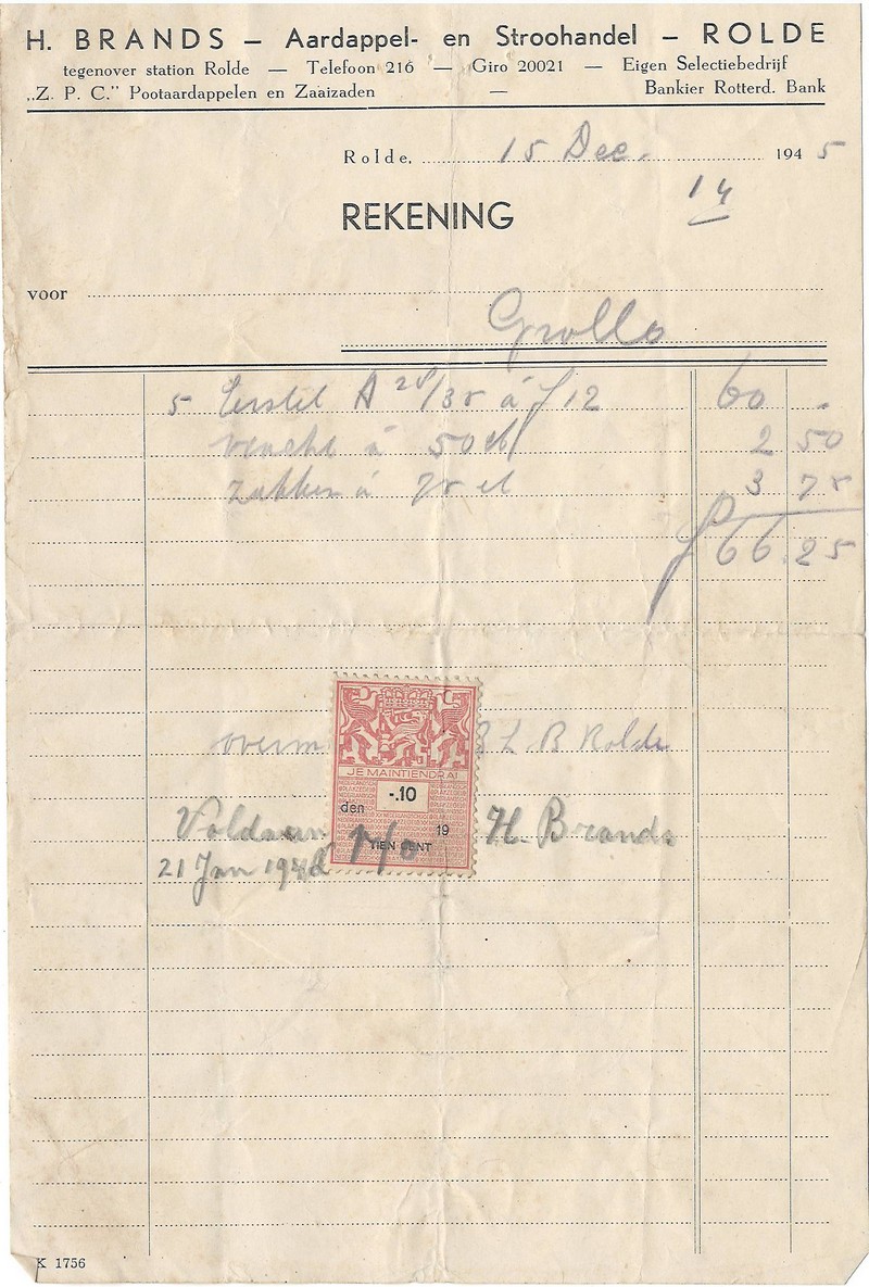 19451215 Rekening H Brands aardappel en Stroohandel NN