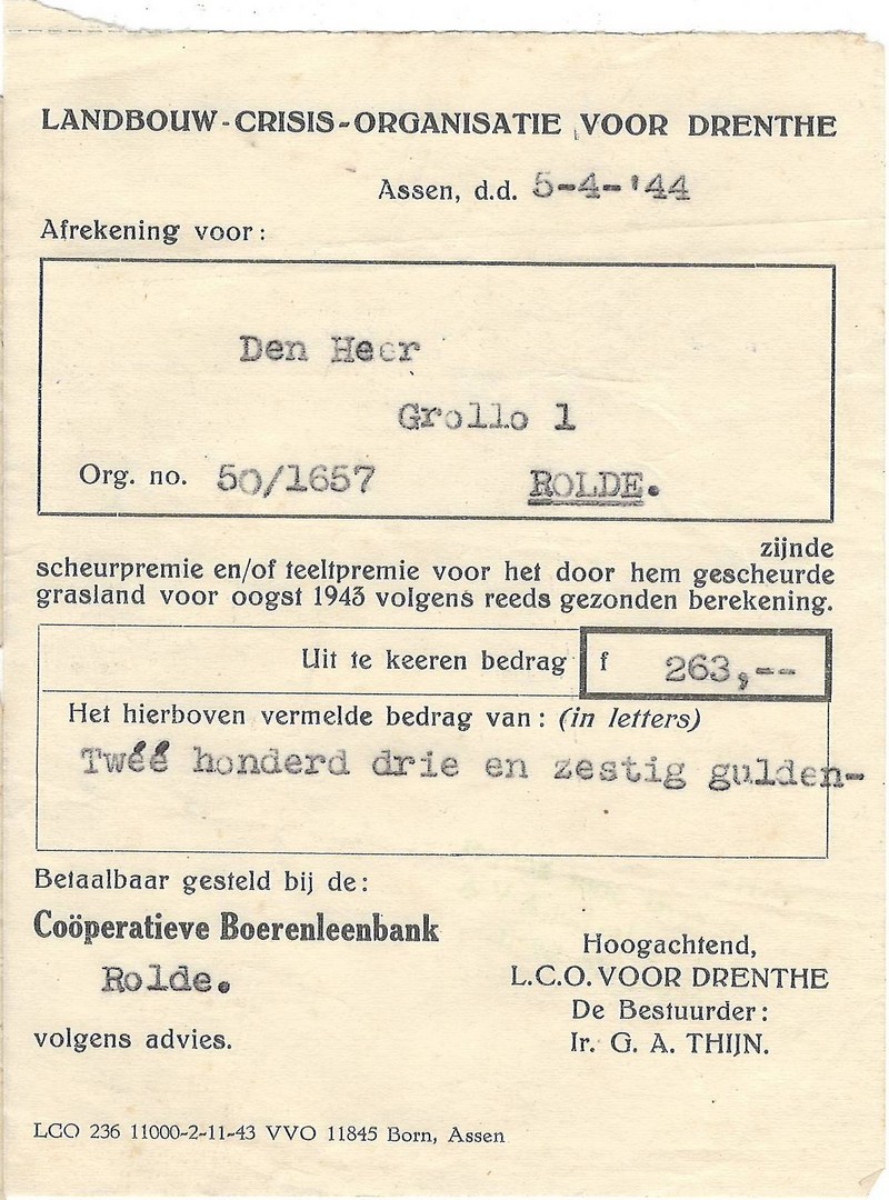 19440405 Afrekening scheur of teeltpremie NN