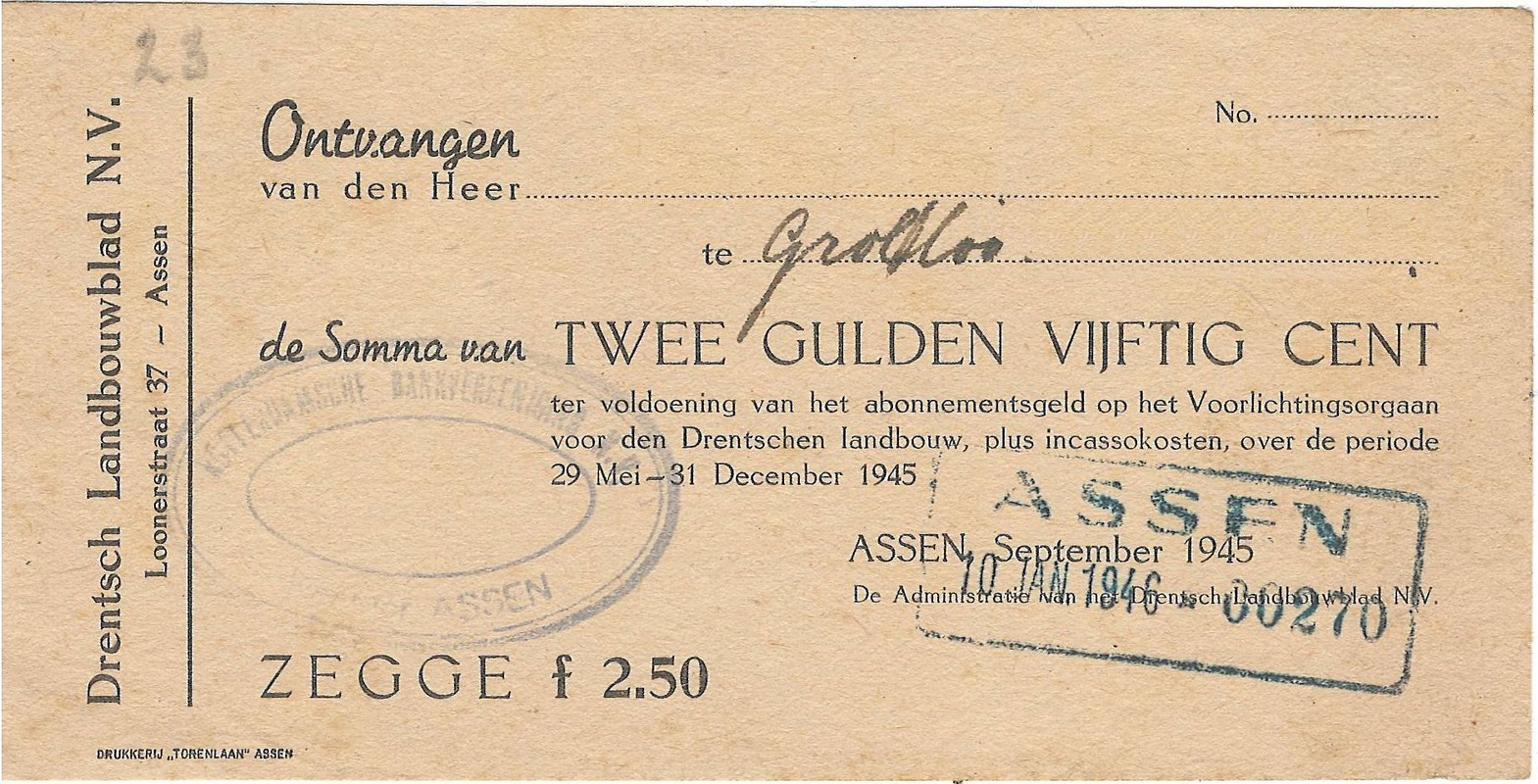 19460110 Abonnementsgeld Drentsch Landbouwblad NN