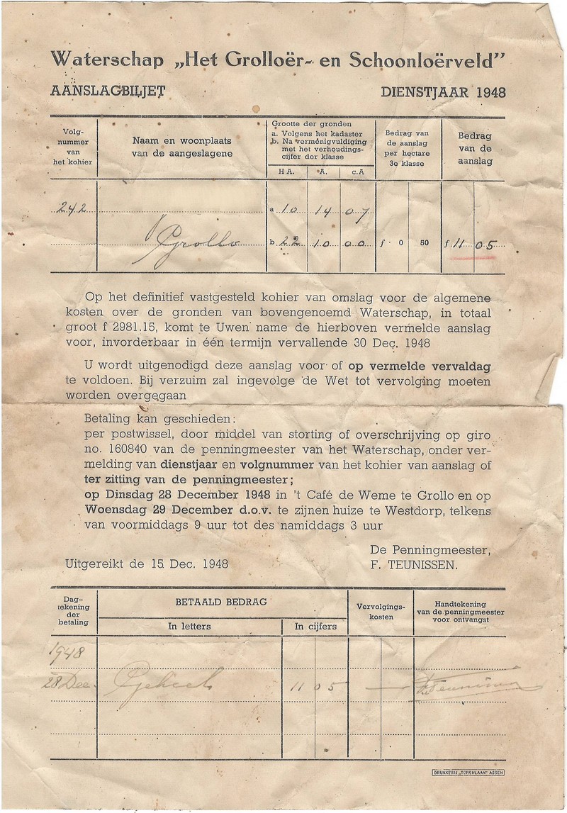 19481228 vAanslagbiljet Waterschap Grolloer en Schoonloerveld 2 NN