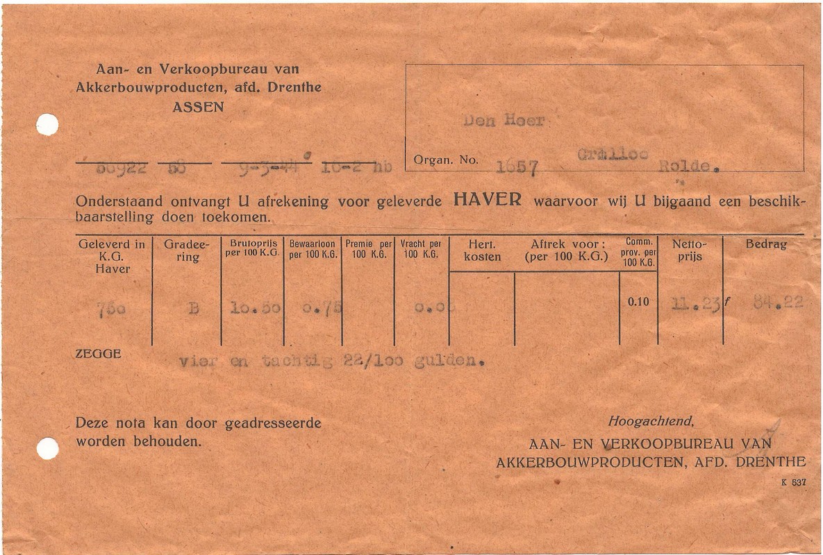 19430309 Afrekening levering Haver Aan  en Verkoopbureau NN