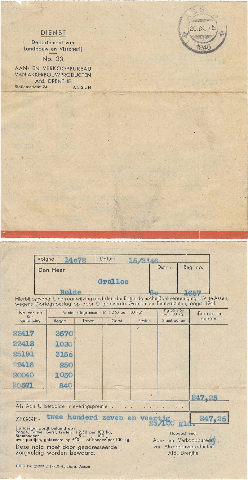 19460315 Oorlogstoeslag geleverde Granen en Peulvruchten oogst 1944 NN