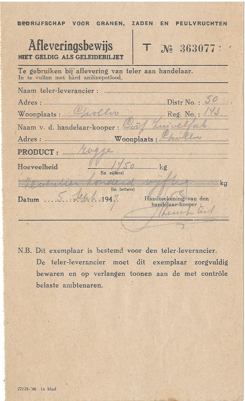 19470915 Afleverbewijs Rogge aan Coop Zuivelfabriek NN
