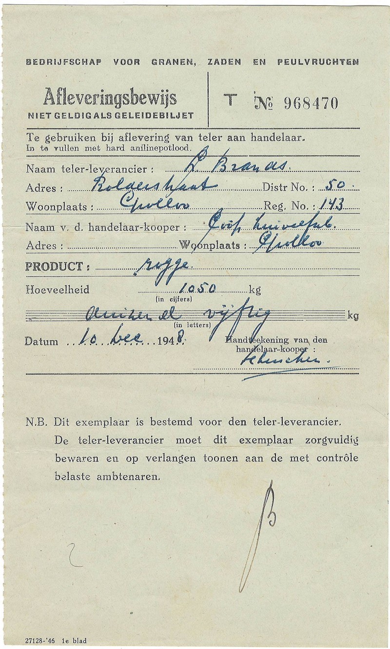 19481210 Afleverbewijs Rogge aan Coop Zuivelfabriek