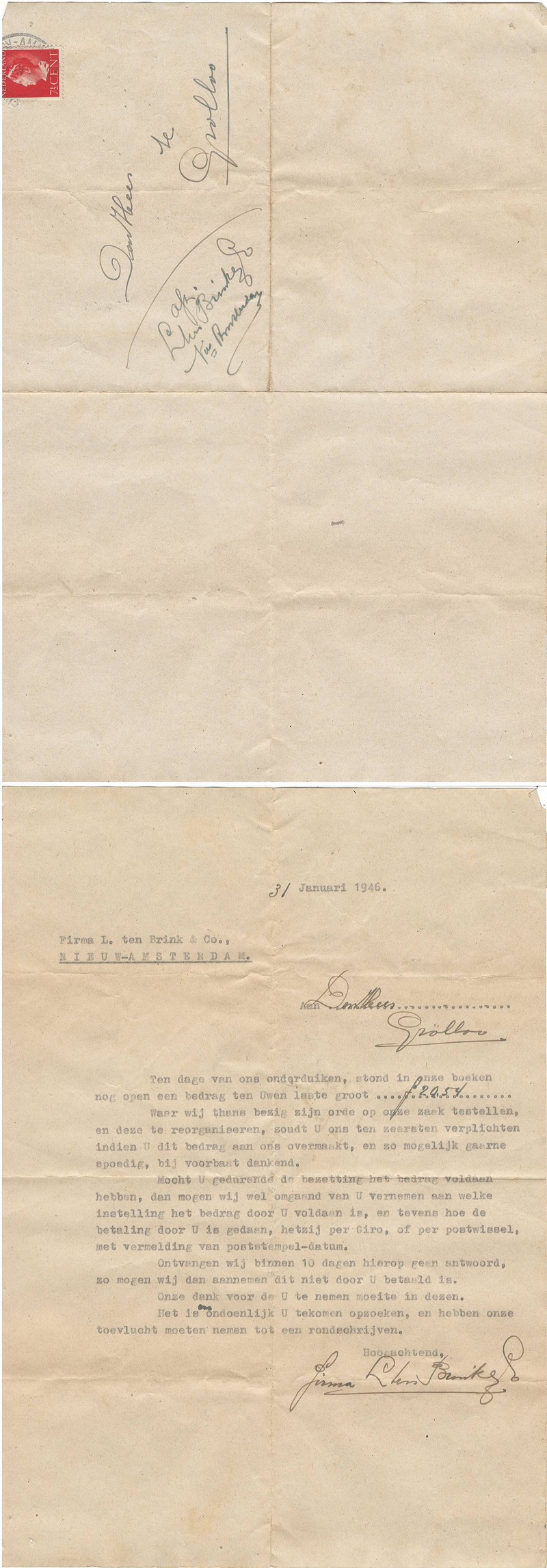 19460131 Brief Firma Ten Brink na onderduiken NN