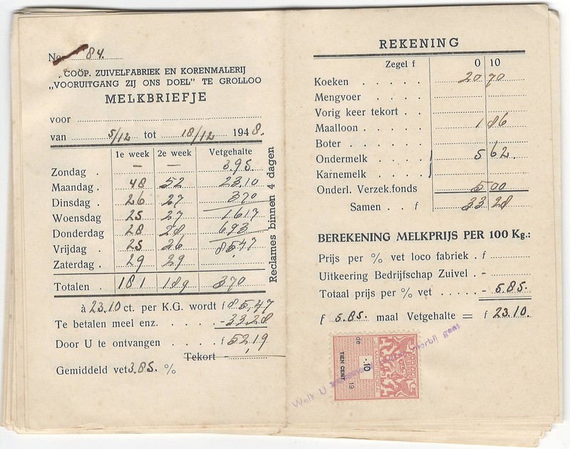 19481218 Melkbriefje en Rekening VZOD NN