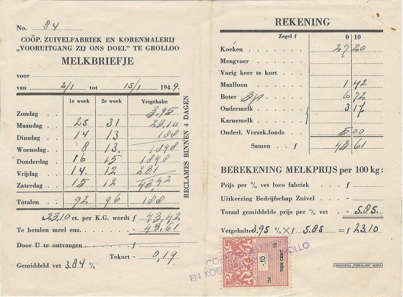 19490115 Melkbriefje en Rekening VZOD NN