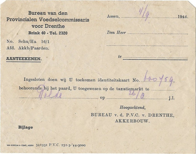 19440904 Beg. schrijven Identiteitskaart Paard NN