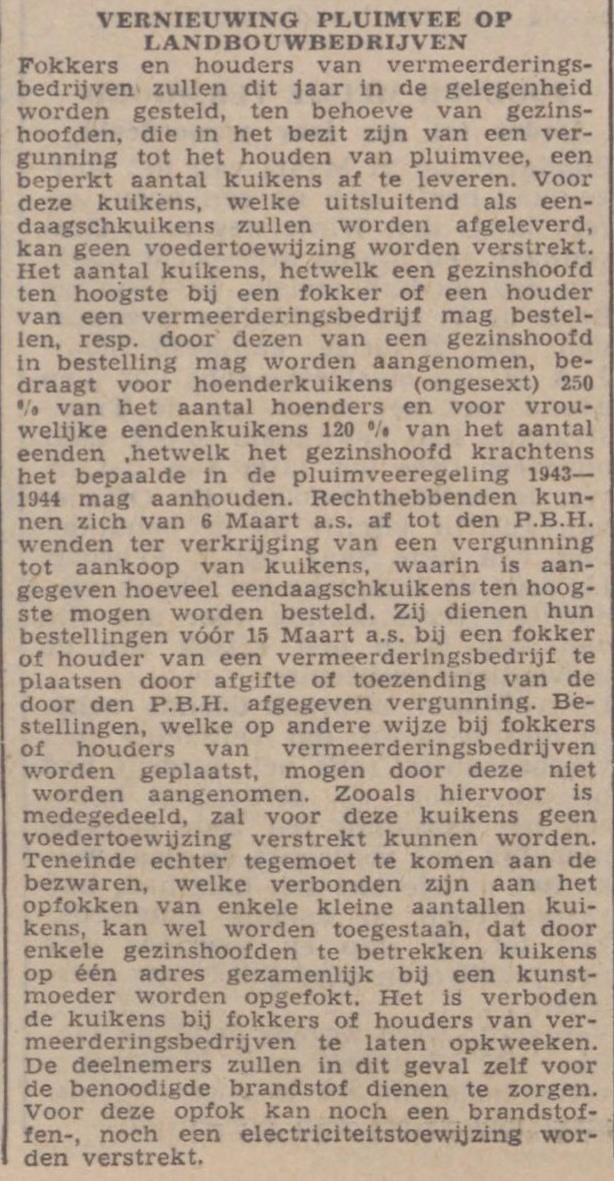19440203 Drentsch dagblad Vergunning tot het houden van pluimvee