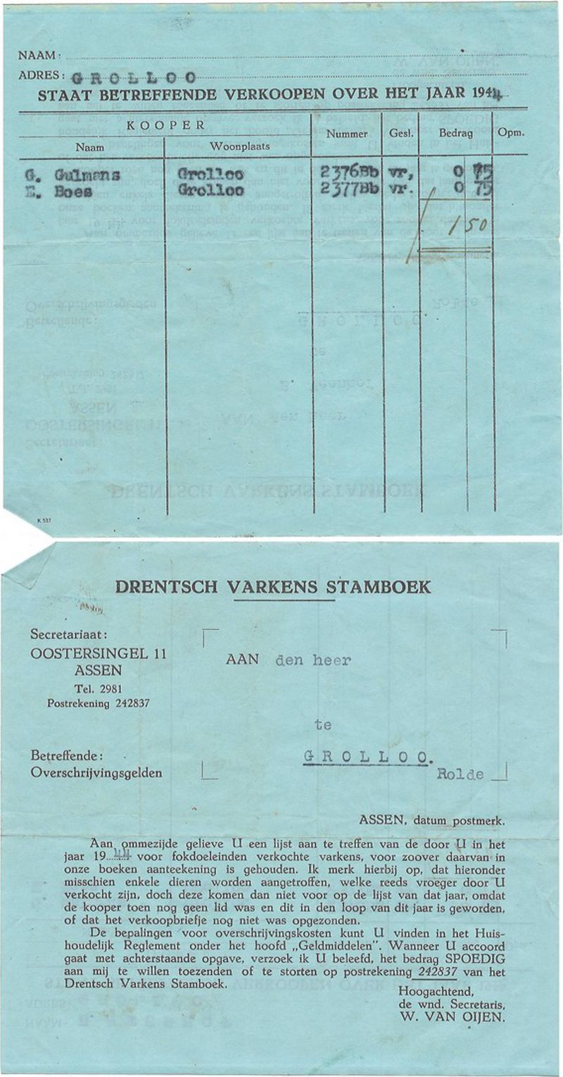 1944 Verkoopen jaar 1944 Drentsch Varkens Stamboek NN