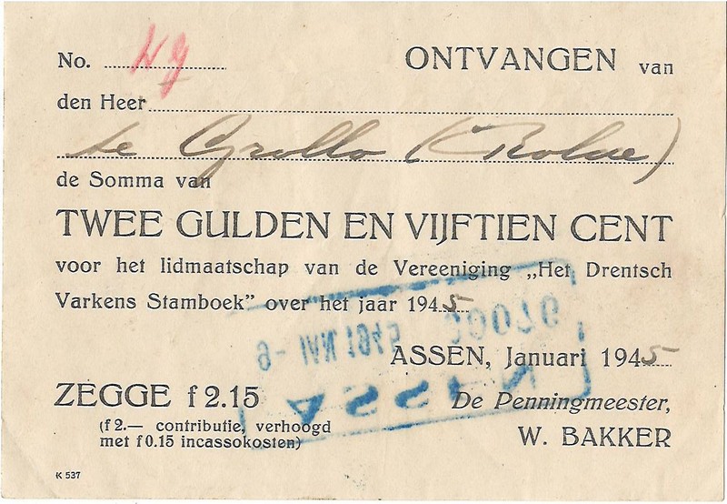 19450106 Kwitantie Drentsch Varkens Stamboek NN