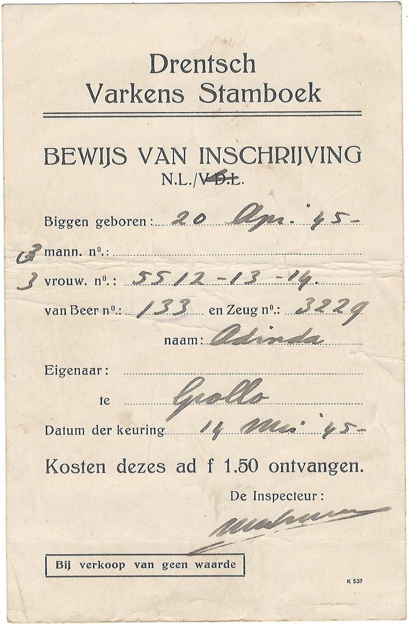 19450514 Bewijs inschrijving Drentsch Varkens Stamboek NN