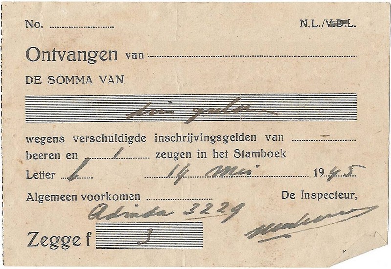19450514 Kwitantie inschrijving Drentsch Varkens Stamboek NN