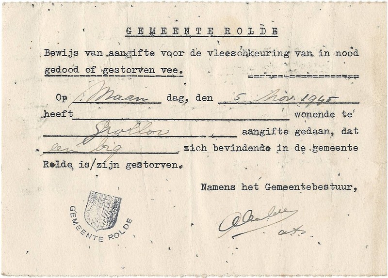 19451105 Aangifte noodslachting Rolde NN