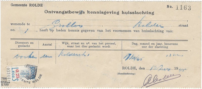 19451112 Ontvangstbewijs kennisgeving huisslachting NN