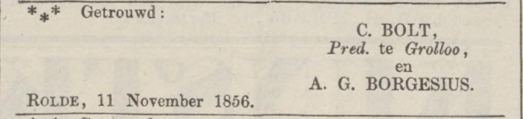 18561114 krant GroningerCourant kerk ds Bolt huwelijk Alagonda