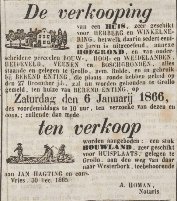 18660102 krant PDAC verkoping in herberg Berend Enting