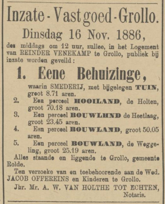 18861101 krant PDAC verkoop smederij Offereins bij Venekamp