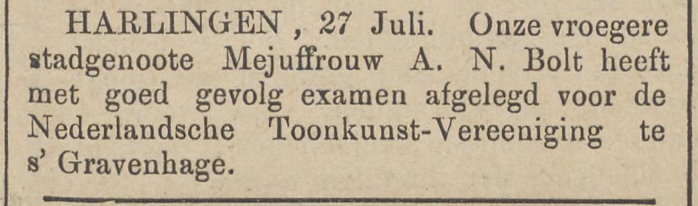 18890730 krant DagbladvanFriesland kerk AN Bolt Harlingen geslaagd LO Piano
