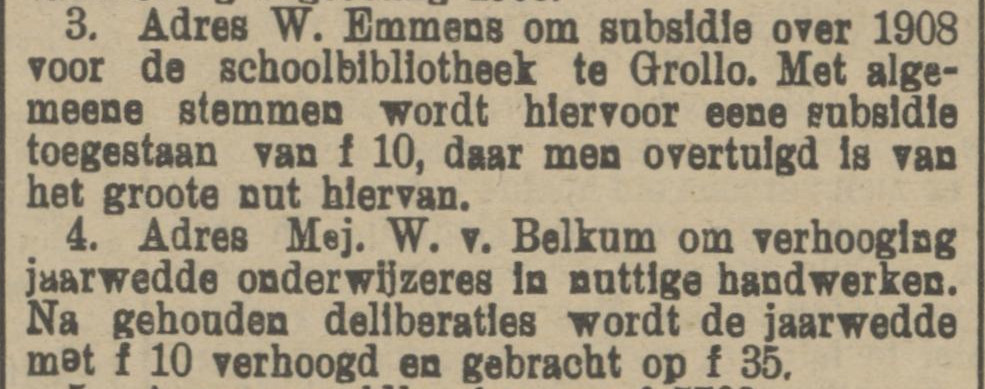 19071015 krant PDAC W Emmens schoolbibliotheek subsidie V.Belkum extra wedde