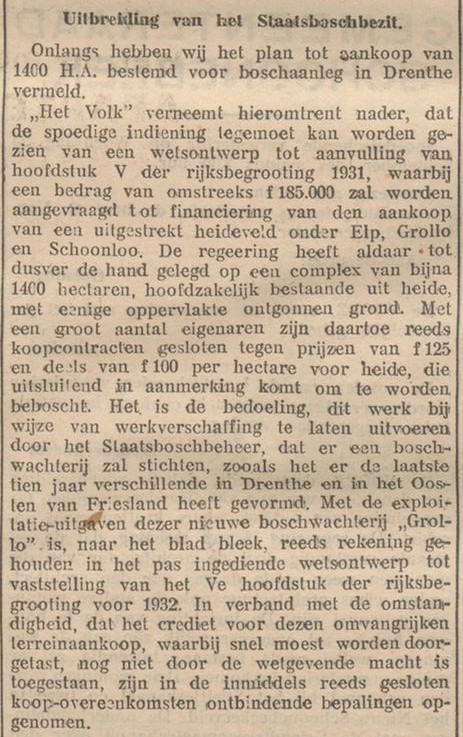 19310925 krant EmmerCourant aankoop grond tbv Staatsbos