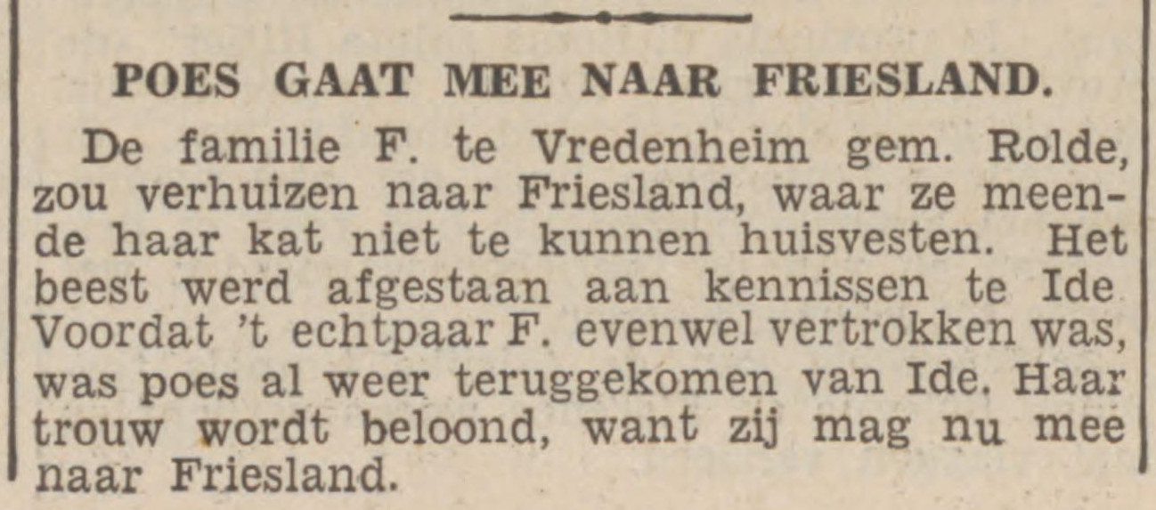 19380504 krant NvhN Poes gaat mee naar Friesland