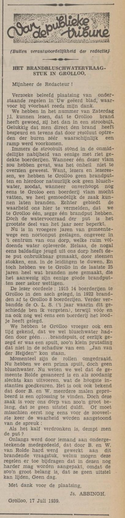 19390718 krant PDAC ingezonden roep om bluswater Js Abbingh