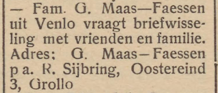 19450302 krant Drentsch dagblad fam verblijft in Grollo zoekt fam