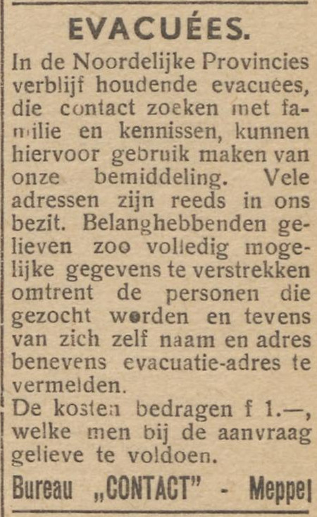 19450323 krant Drentsch dagblad bureau contact evacuees