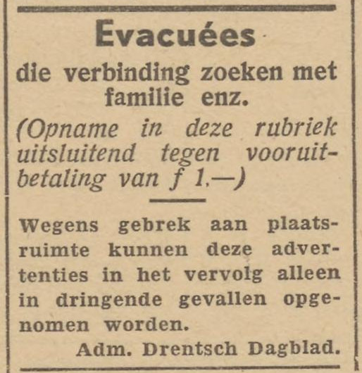 19450330 krant Drentsch dagblad evacuees betalen vooruit