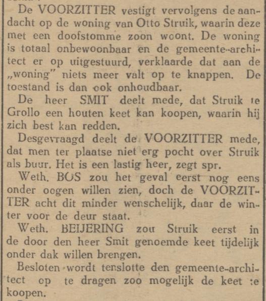 19261101 krant PDAC schoonvader Otto Struik onbewoonbaar huis houten keet Grolloo