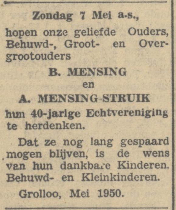 19500429 krant PDAC 40 jarig huwelijk Mensing Struik