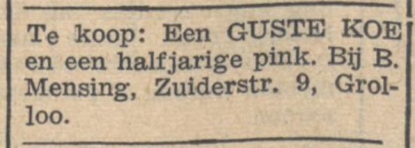 19541120 krant PDAC guste koe en pink te koop Mensing