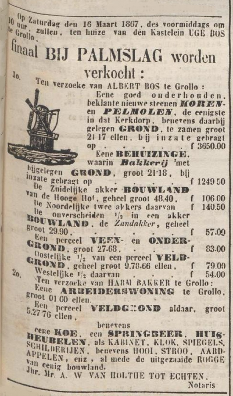 18670305 krant PDAC verkoop molen en bakkerij Bos