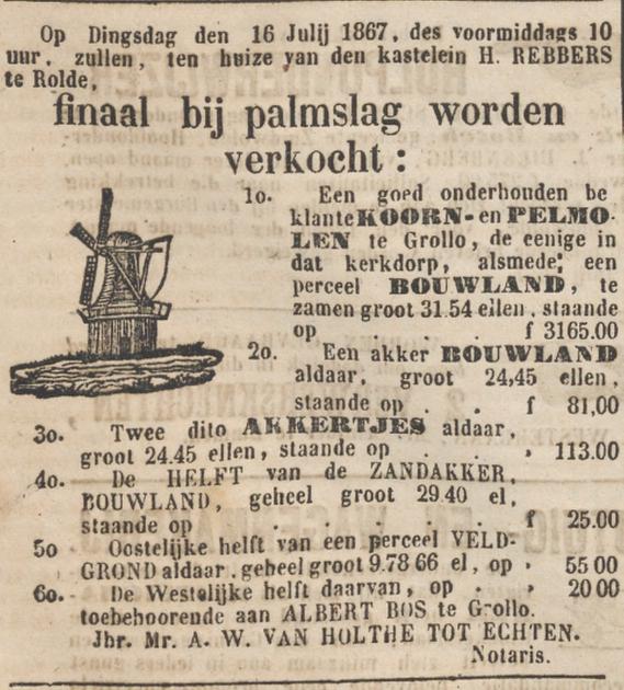 18670706 krant PDAC verkoop molen bakkerij Bos