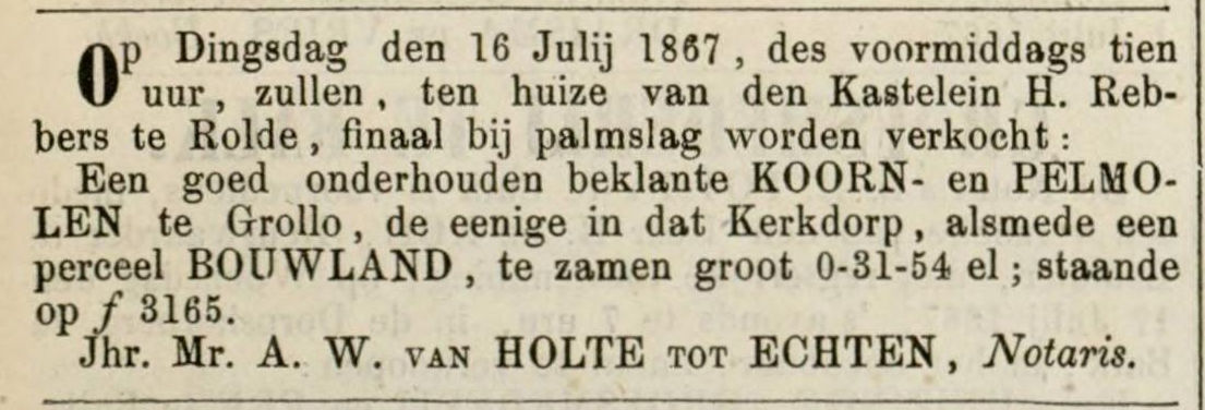 18670712 krant Leeuwarder Courant koren en pelmolen tekoop