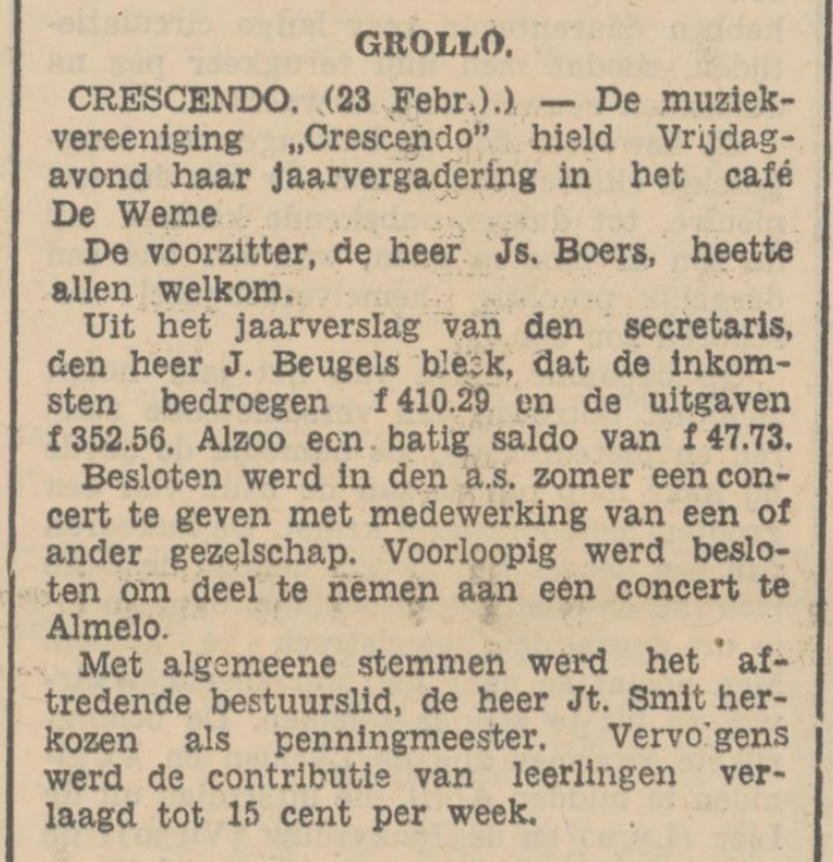 19370223 krant PDAC jaarvergadering Crescendo DeWeme