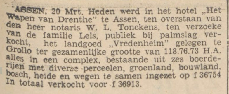 19340321 krant NvhN verkoop landgoed Vredenheim